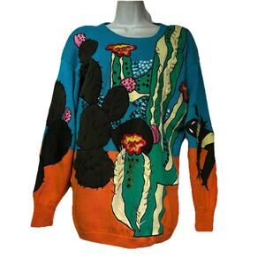 Vintage 90s Spree International Cactus Desert Novelty Sweater S Southwestern Ram